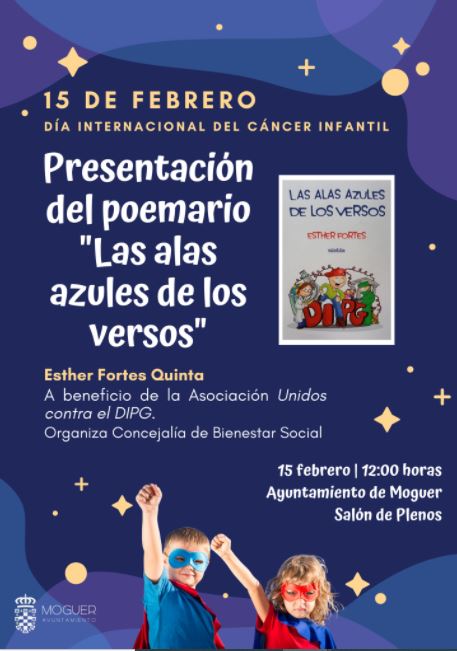 Cartel para la presentación del poemario "Las alas azules de los versos" del ayuntamiento de Moguer en el Día Internacional del cáncer infantil