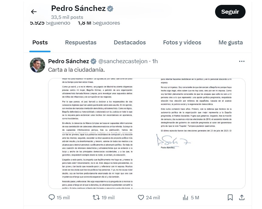 Carta integra de Sánchez sobre su continuidad en la presidencia del Gobierno